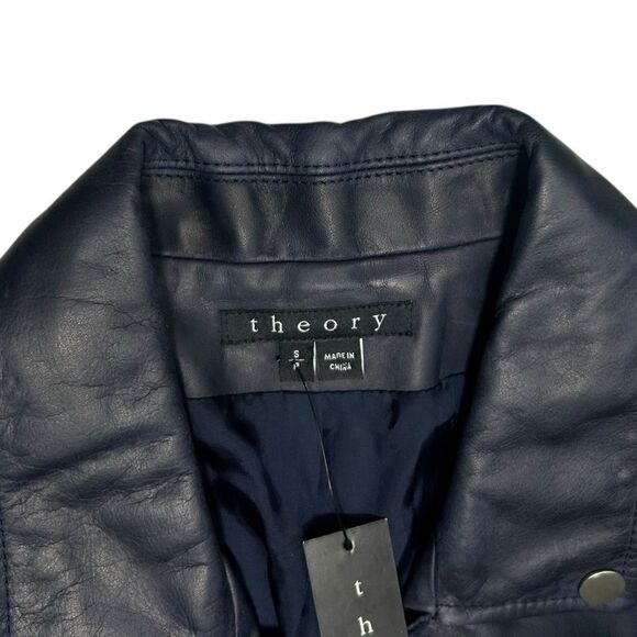 NWT Theory Speed Leather Jacket Dark Navy Blue Asymmetrical Zip Style Sahral - Picture 11 of 16